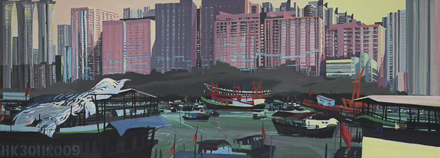 Tableau du port d'Aberdeen avec Ap Lei Chau en arrière plan - Peintre : Michelle AUBOIRON