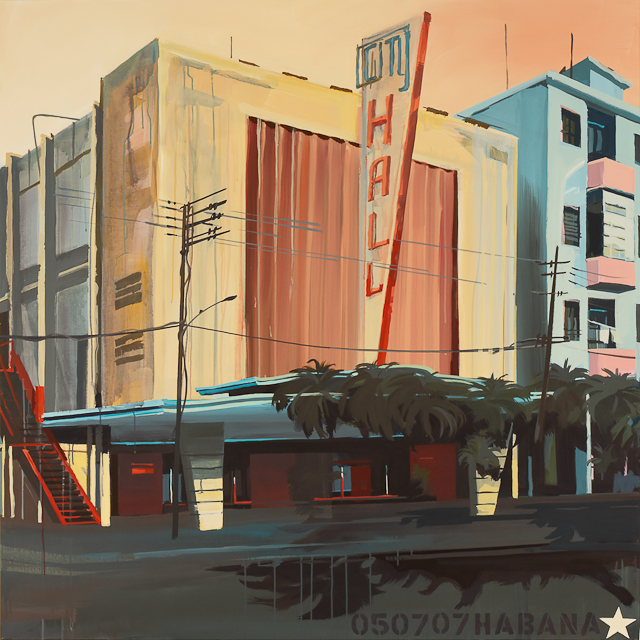 L'ancien cinéma - Le City Hall Ã  la Havane - Peinture de Michelle Auboiron