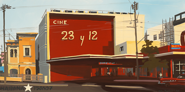 Le cinéma 23 y 12 Ã  la Havane - Acrylique sur toile de Michelle Auboiron