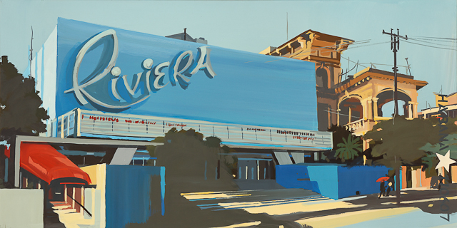 Peinture d'architecture de la Havane - Le cinéma Riviera - Tableau de Michelle Auboiron