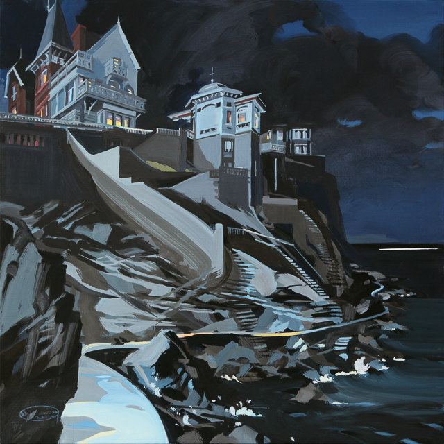 Peinture de nuit des villas de la Pointe de la Malouine Ã  Dinard par Michelle Auboiron