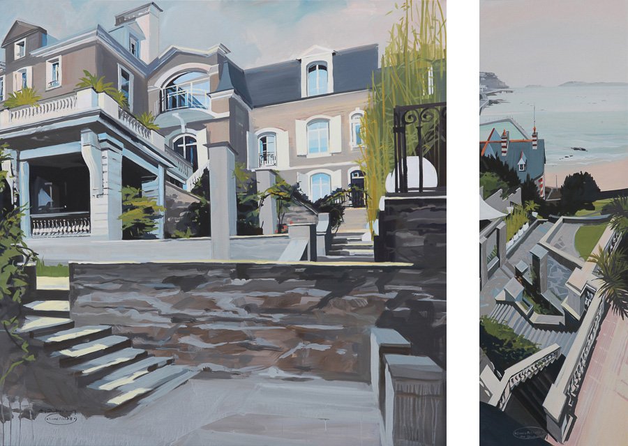 Peinture de Dinard par Michelle AUBOIRON - La plage du Prieuré et la Villa Le Tacon - Diptyque