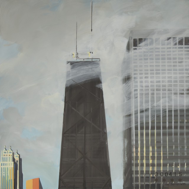 Peinture de Chicago par Michelle AUBOIRON - Painting of Chicago by Michelle AUBOIRON - John Hancock Center in the fog from the studio