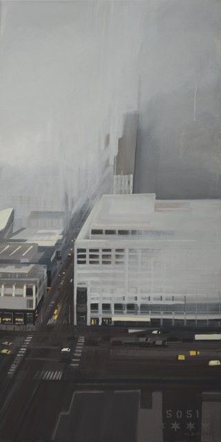 Peinture de Chicago par Michelle AUBOIRON - Painting of Chicago by Michelle AUBOIRON - John Hancock Center in the fog.