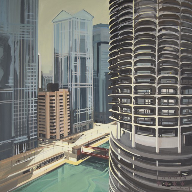 Peinture de Chicago par Michelle AUBOIRON - Painting of Chicago by Michelle AUBOIRON - Marina City from IBM Building