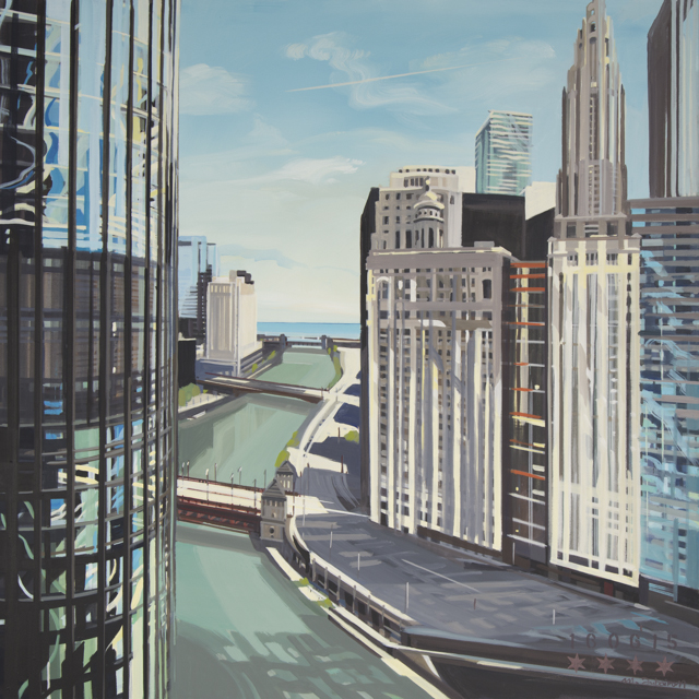 Peinture de Chicago par Michelle AUBOIRON - Painting of Chicago by Michelle AUBOIRON - Chicago River and Trump Tower from IBM Building