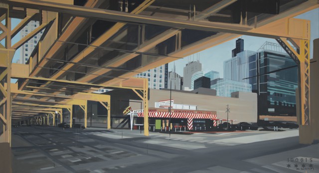 Peinture de Chicago par Michelle AUBOIRON - Painting of Chicago by Michelle AUBOIRON - The Fast Track Diner under the L on W Lake Street
