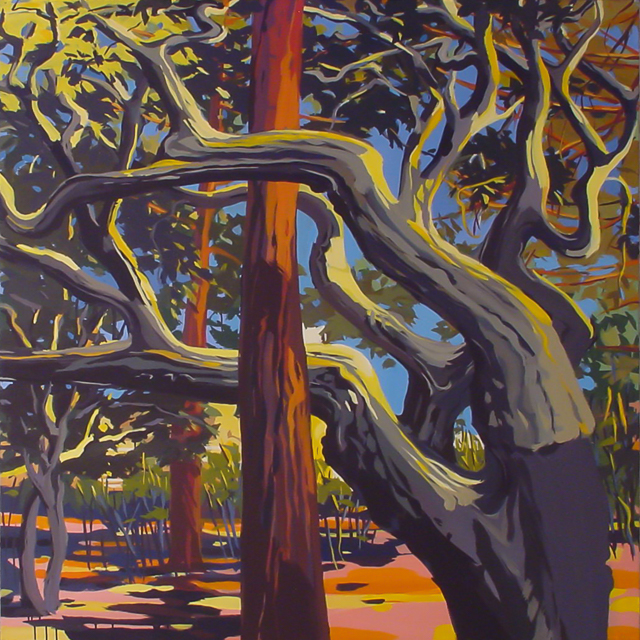 Chêne et pin enlacés à Cala Rossa - Peinture de Corse de Michelle Auboiron