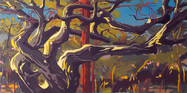 Chêne et pin enlacés à Cala Rossa - Peinture de Corse de Michelle Auboiron