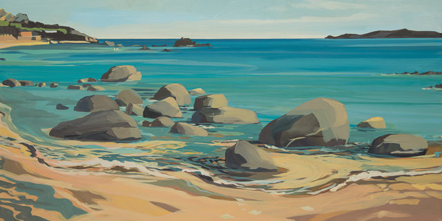 La plage des pots de fleur - Cala Rossa - Peinture de Corse de Michelle Auboiron