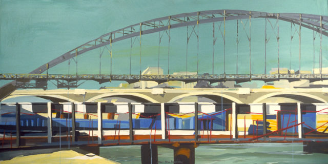 Le Pont Charles de Gaulle en construction et la Passerelle d'Austerlitz - Acrylique sur toile - Peinture de la série "Les Ponts de Paris" de Michelle AUBOIRON